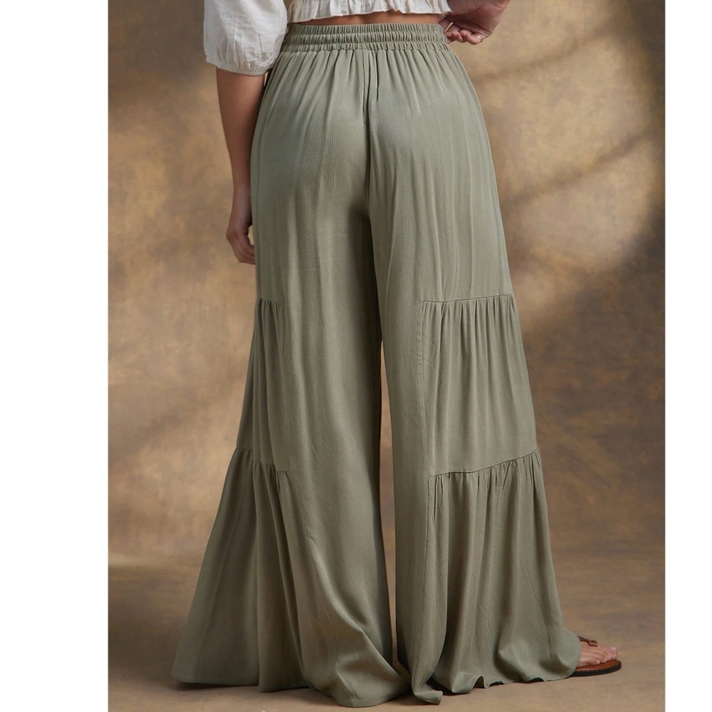 Boho Sage Green Stretchy Waist Wide leg Ruffle Hem Pants - Picture 3 of 5